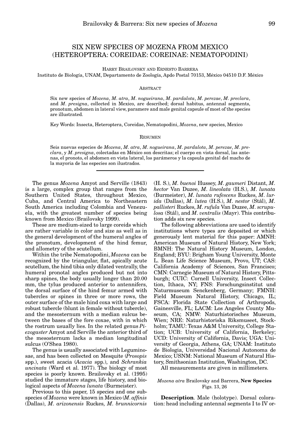 Six New Species of Mozena from Mexico (Heteroptera: Coreidae: Coreinae: Nematopodini)