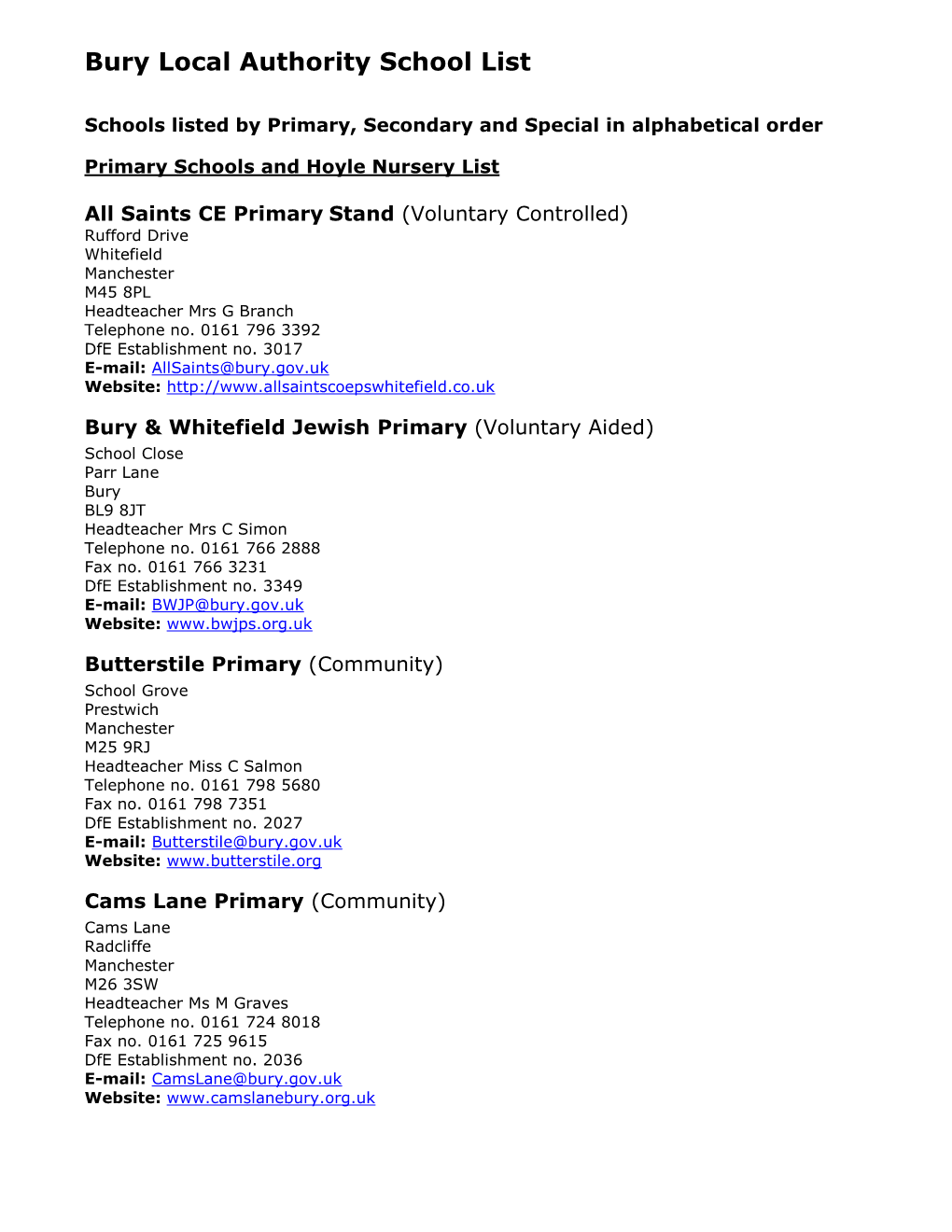 Bury Local Authority School List