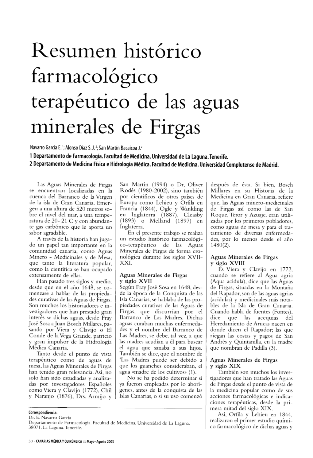 Resumen Histórico Farmacológico Terapéutico De Las Aguas Minerales De Firgas