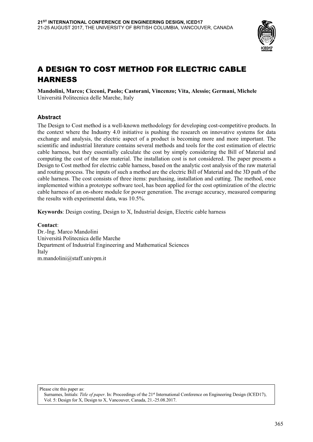 A Design to Cost Method for Electric Cable Harness