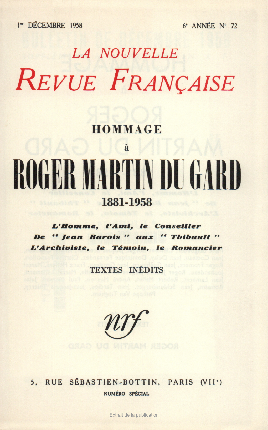 La N.R.F. 72 (Decembre 1958)(Hommage a Roger