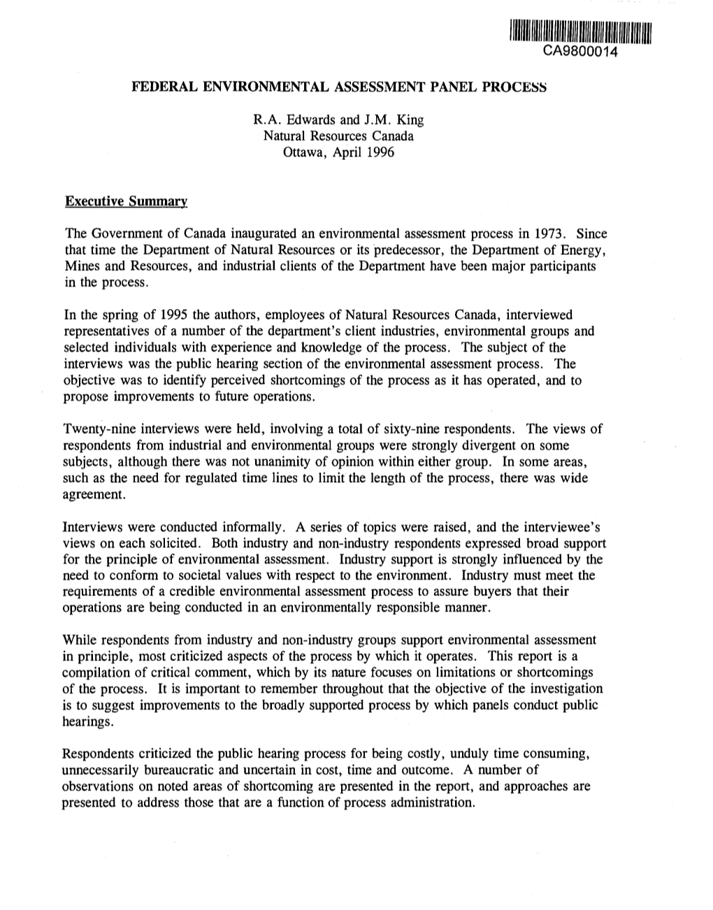 Federal Environmental Assessment Panel Process