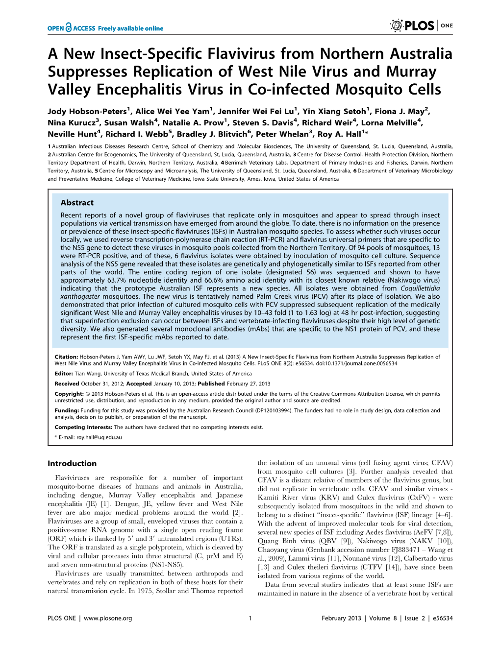 A New Insect-Specific Flavivirus from Northern Australia Suppresses Replication of West Nile Virus and Murray Valley Encephalitis Virus in Co-Infected Mosquito Cells