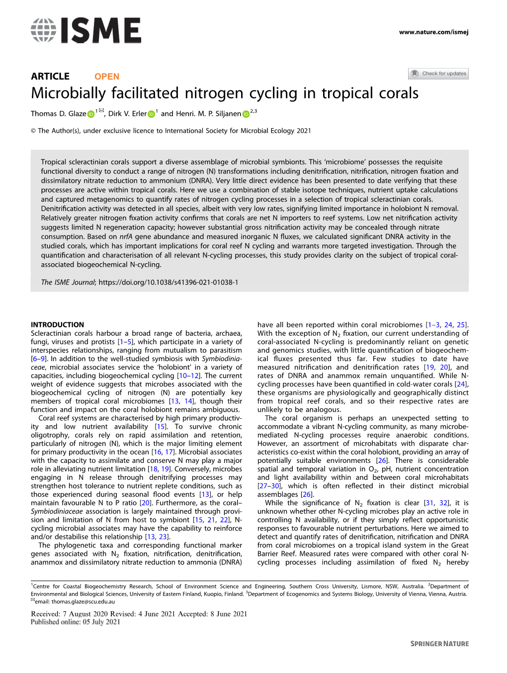 Microbially Facilitated Nitrogen Cycling in Tropical Corals ✉ Thomas D