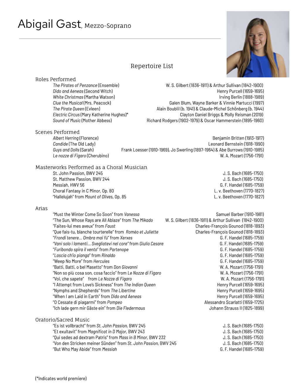 Abigail Gast Website Vocal Repertoire List