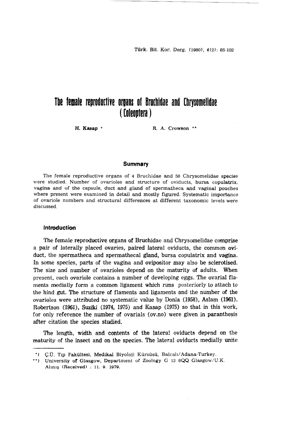 Tbe Female Reprodu[Tive Organs of Bru[Hidae and [Brysomelidae ([Oleoptera )