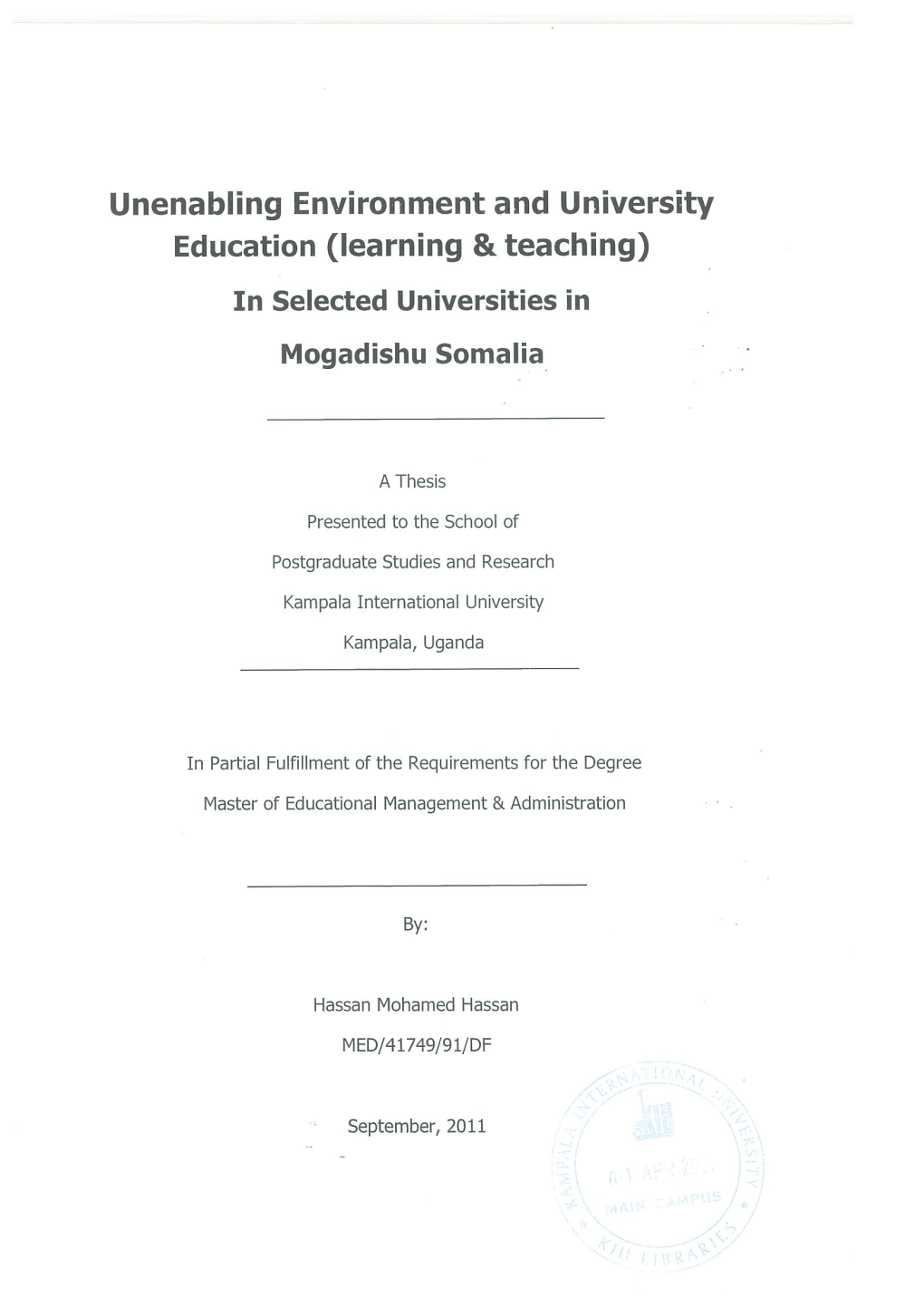 In Selected Universities in Mogadishu Somalia