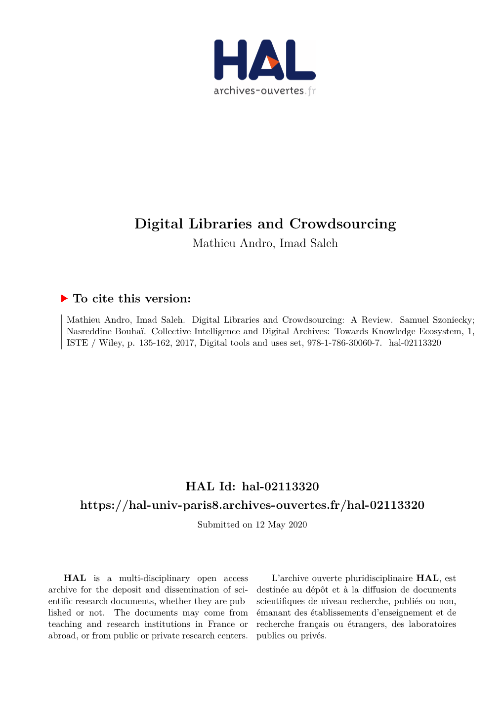 Digital Libraries and Crowdsourcing Mathieu Andro, Imad Saleh