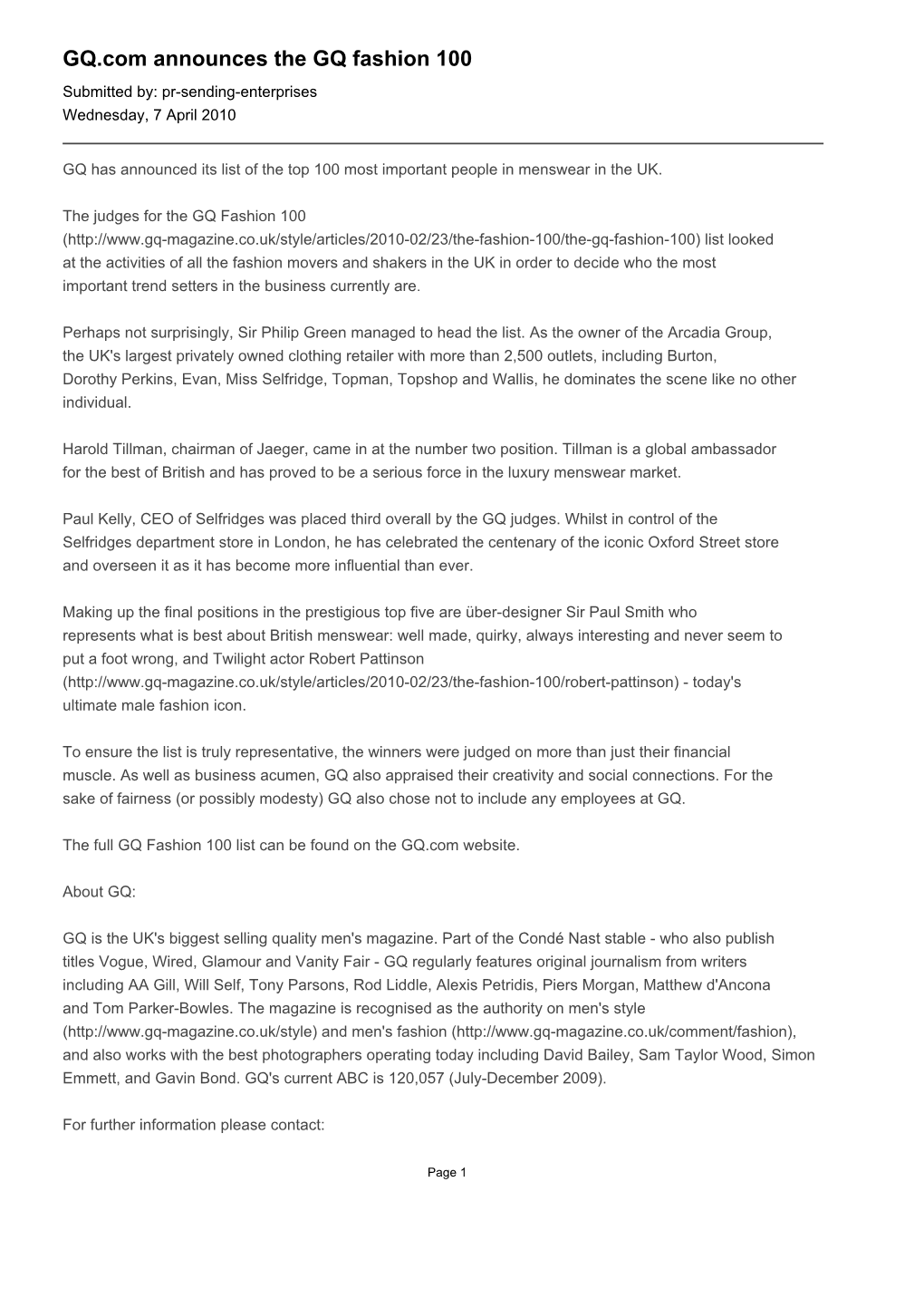 GQ.Com Announces the GQ Fashion 100 Submitted By: Pr-Sending-Enterprises Wednesday, 7 April 2010