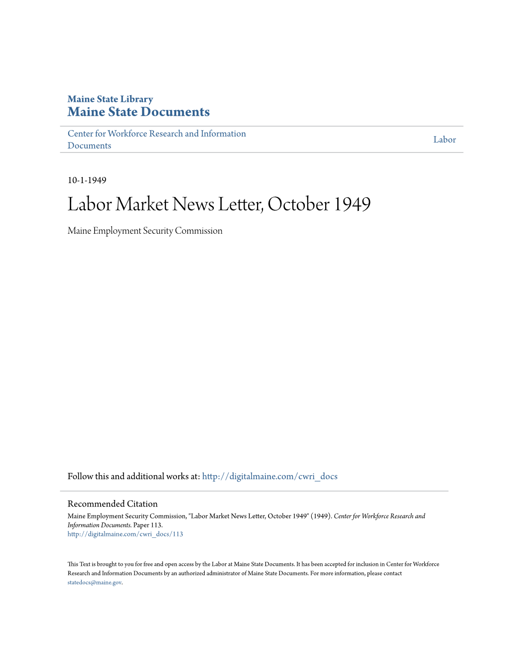 Labor Market News Letter, October 1949 Maine Employment Security Commission