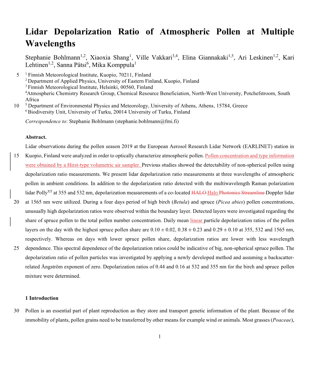Lidar Depolarization Ratio of Atmospheric Pollen at Multiple