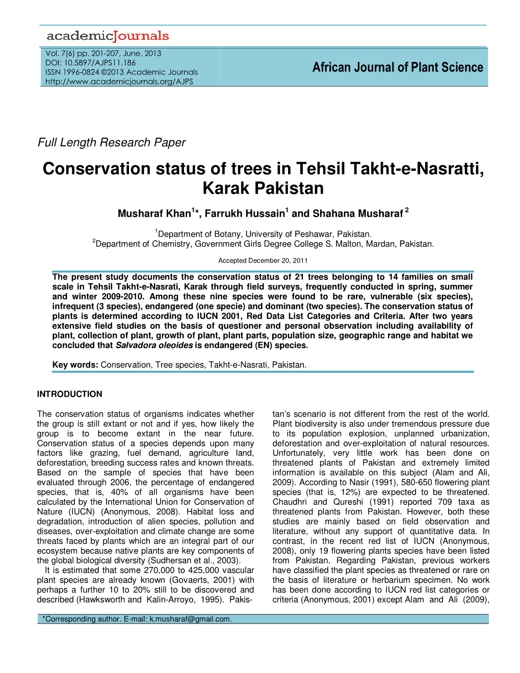 Conservation Status of Trees in Tehsil Takht-E-Nasratti, Karak Pakistan