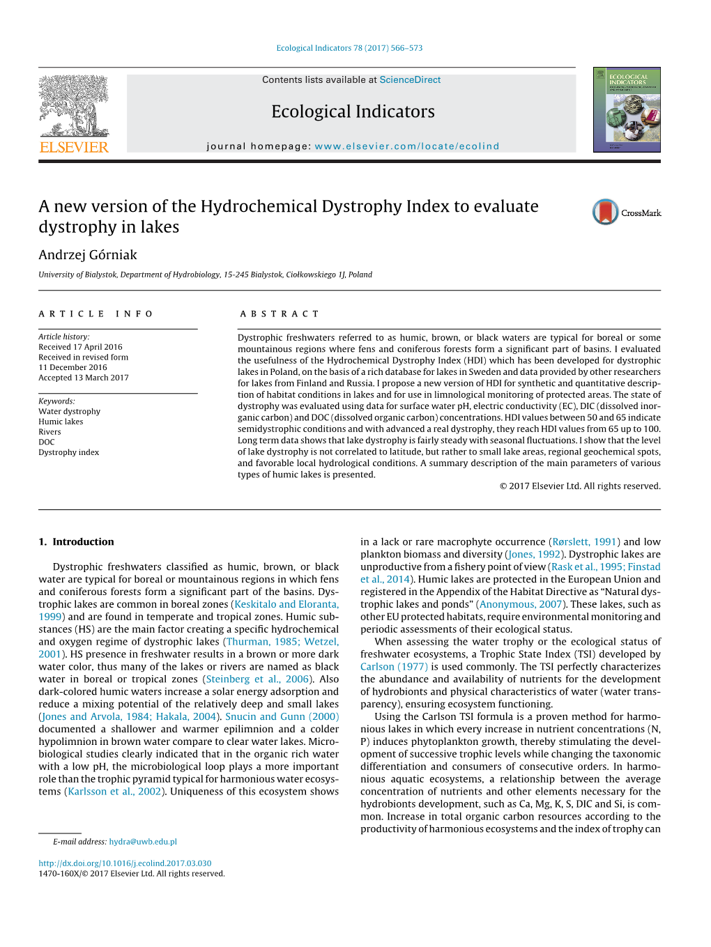 Ecological Indicators 78 (2017) 566–573