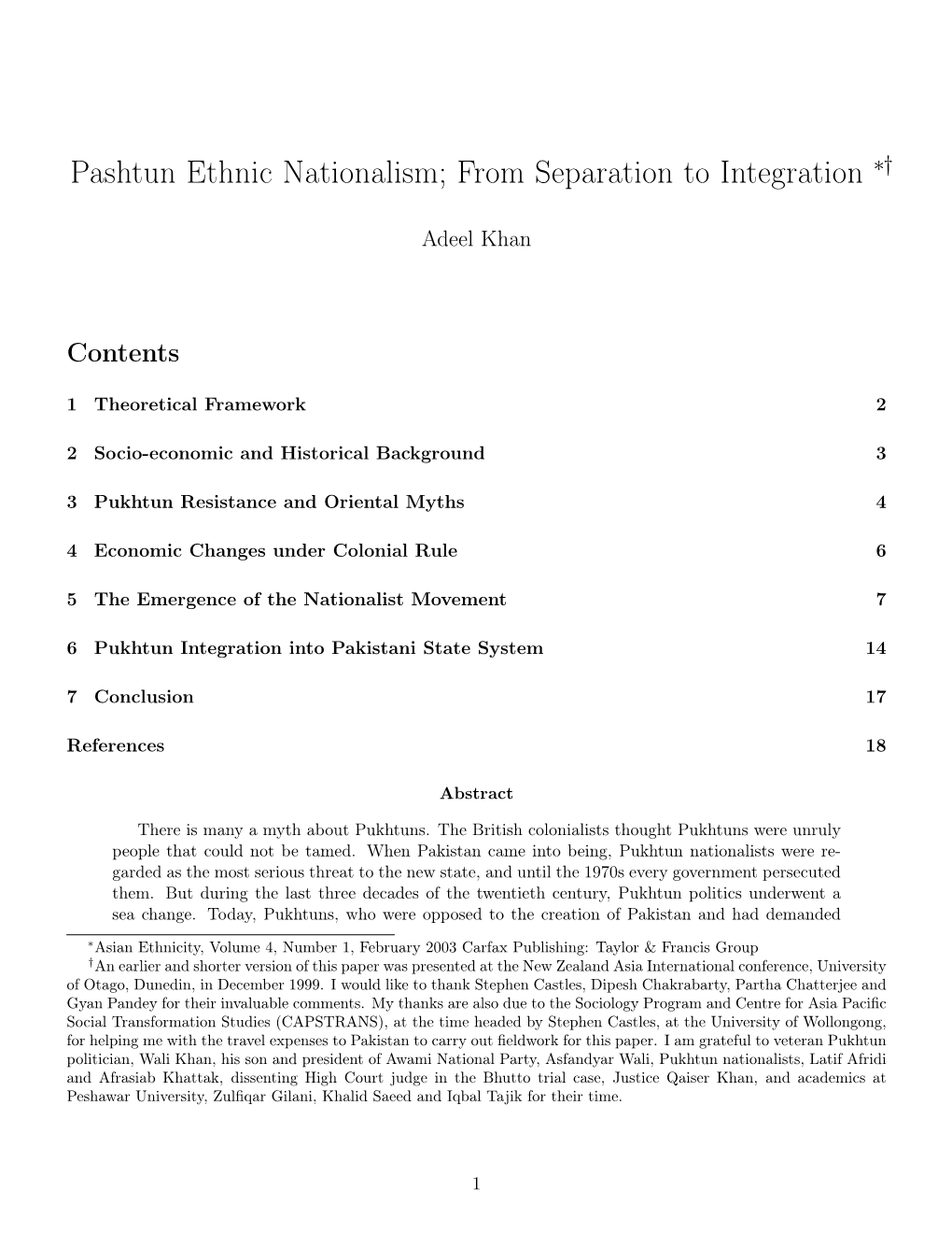 Pashtun Ethnic Nationalism Separation to Integration