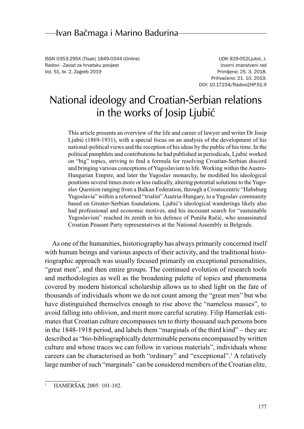 National Ideology and Croatian-Serbian Relations in the Works of Josip Ljubić