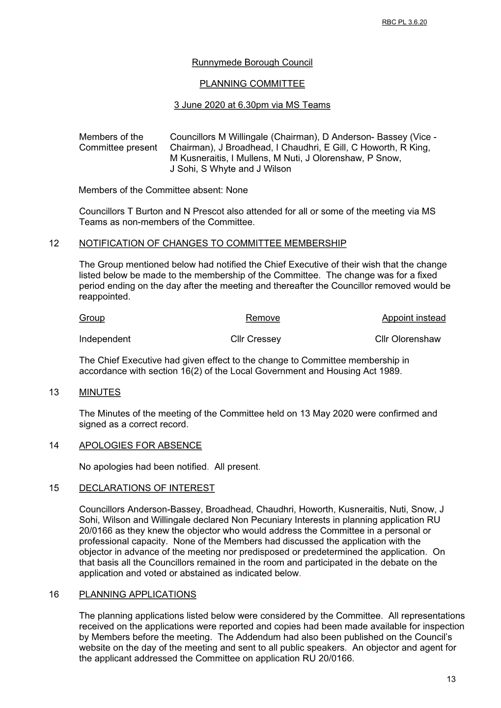 Runnymede Borough Council PLANNING COMMITTEE 3 June