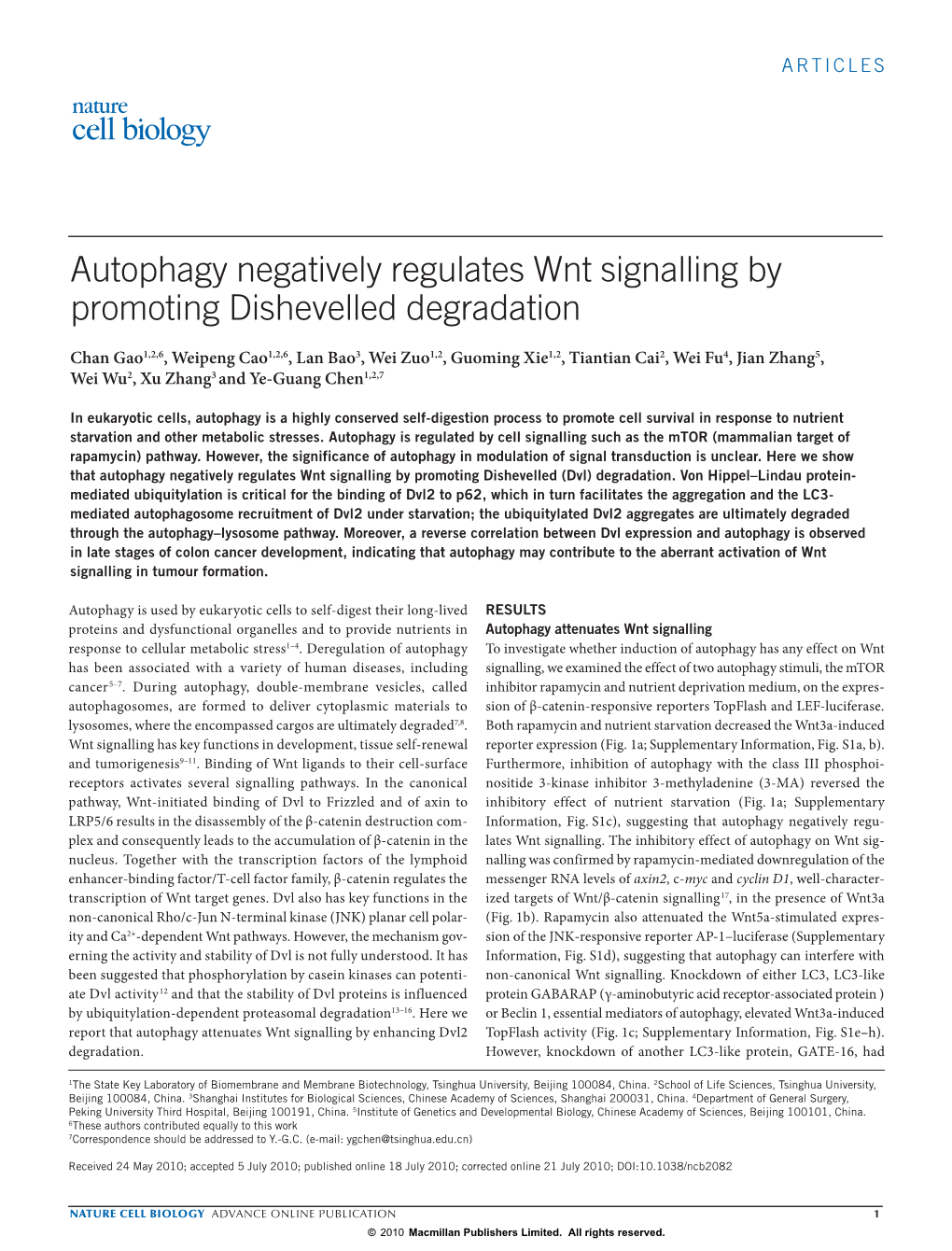 Autophagy Negatively Regulates Wnt Signalling by Promoting Dishevelled Degradation