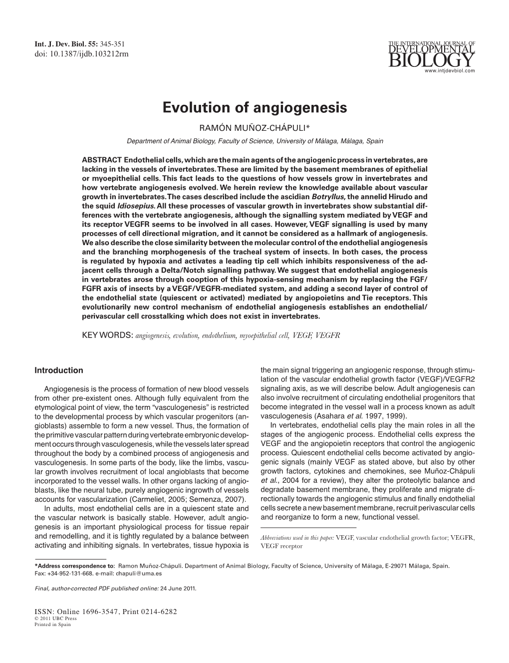 Evolution of Angiogenesis RAMÓN MUÑOZ-CHÁPULI*