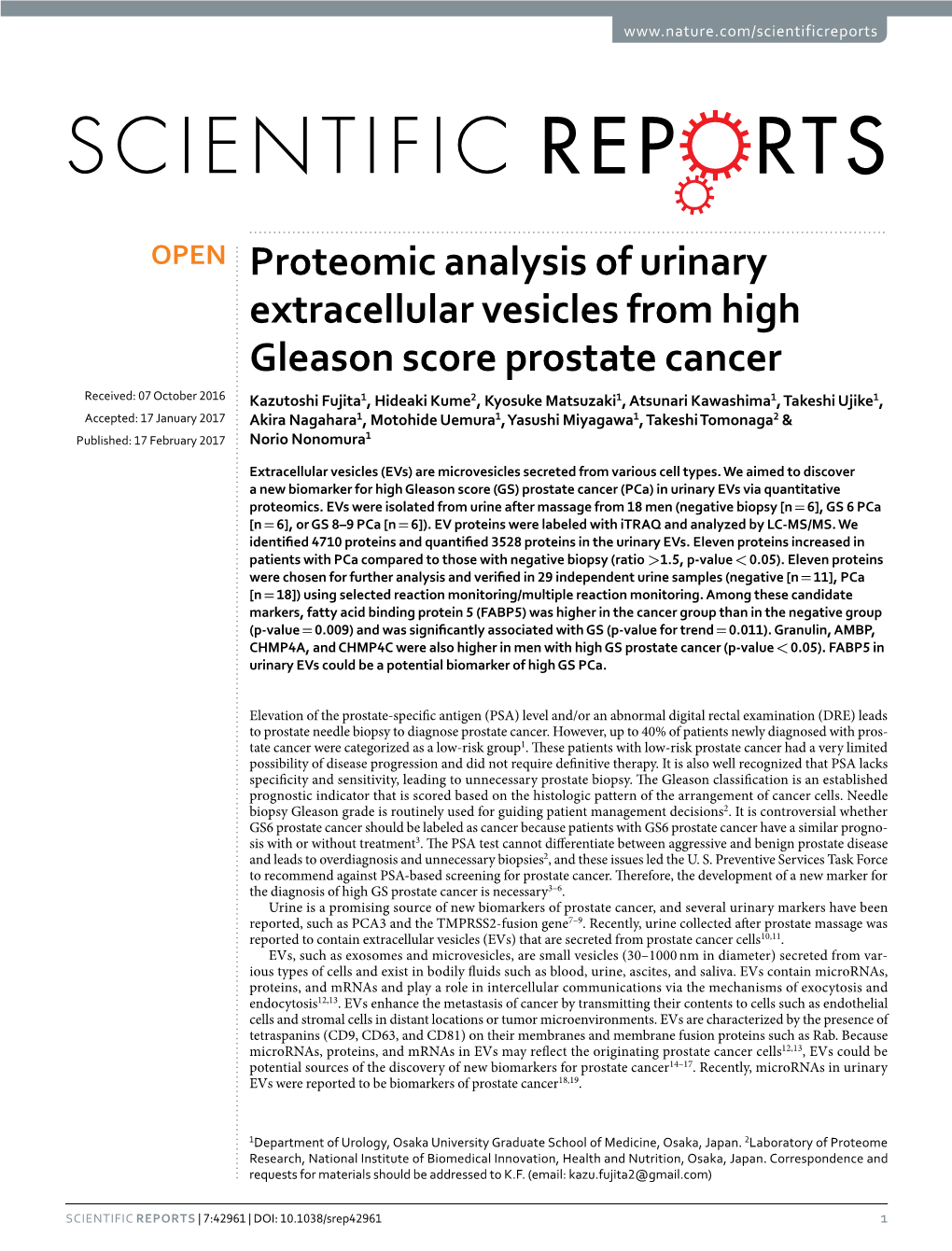 Proteomic Analysis of Urinary Extracellular Vesicles from High