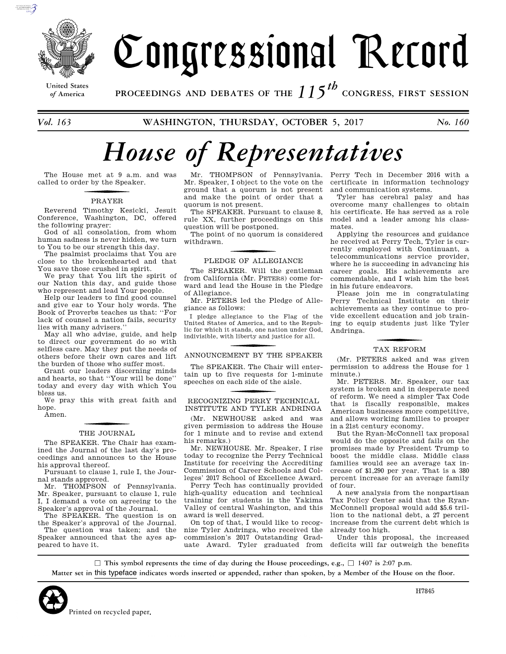 Congressional Record United States Th of America PROCEEDINGS and DEBATES of the 115 CONGRESS, FIRST SESSION