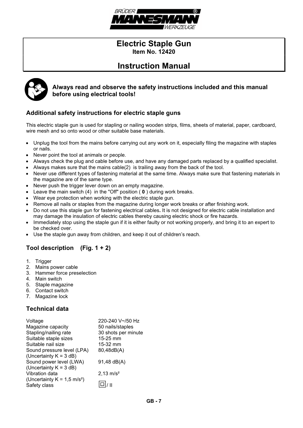 Electric Staple Gun Instruction Manual