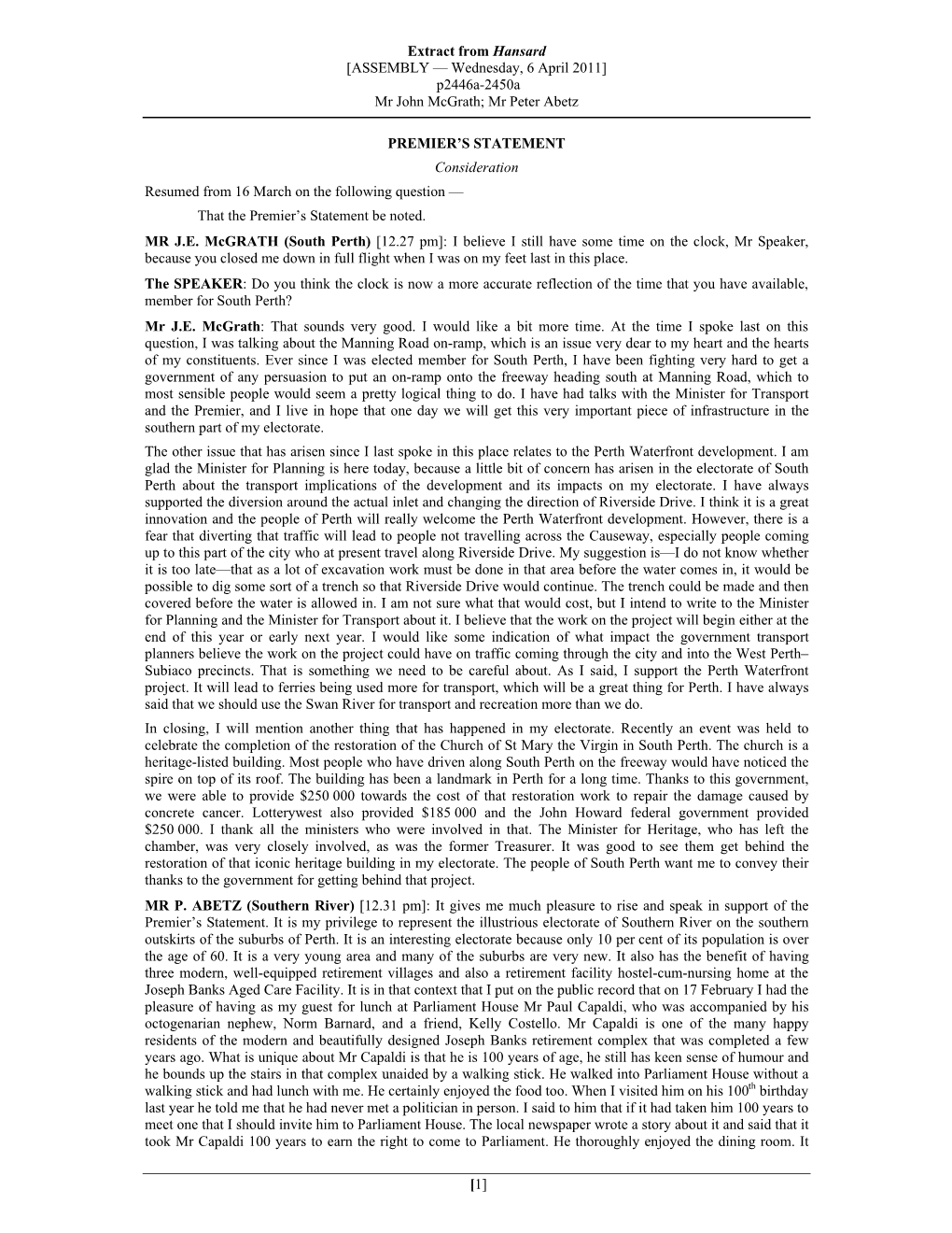 Extract from Hansard [ASSEMBLY — Wednesday, 6 April 2011] P2446a-2450A Mr John Mcgrath; Mr Peter Abetz