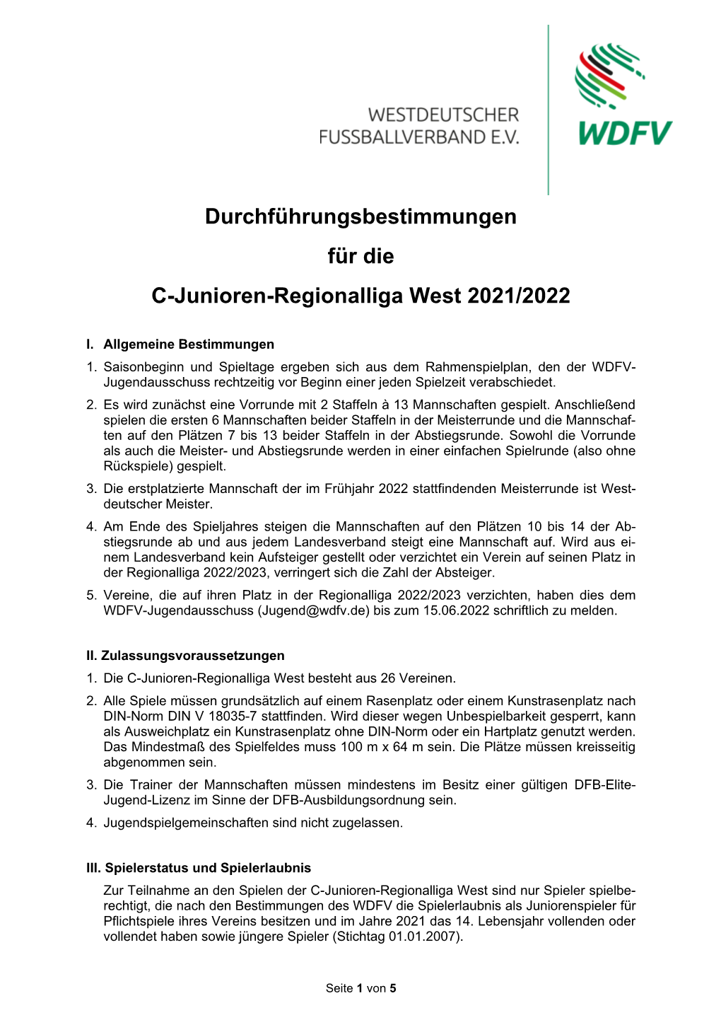 Durchführungsbestimmungen C-Junioren Regionalliga West 2021
