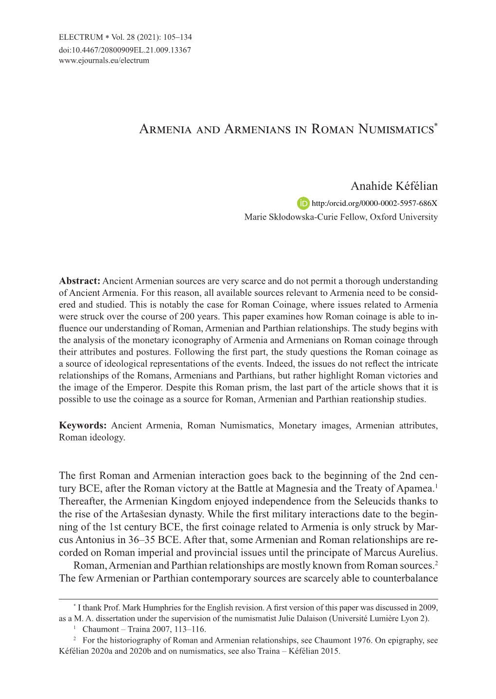 Armenia and Armenians in Roman Numismatics*