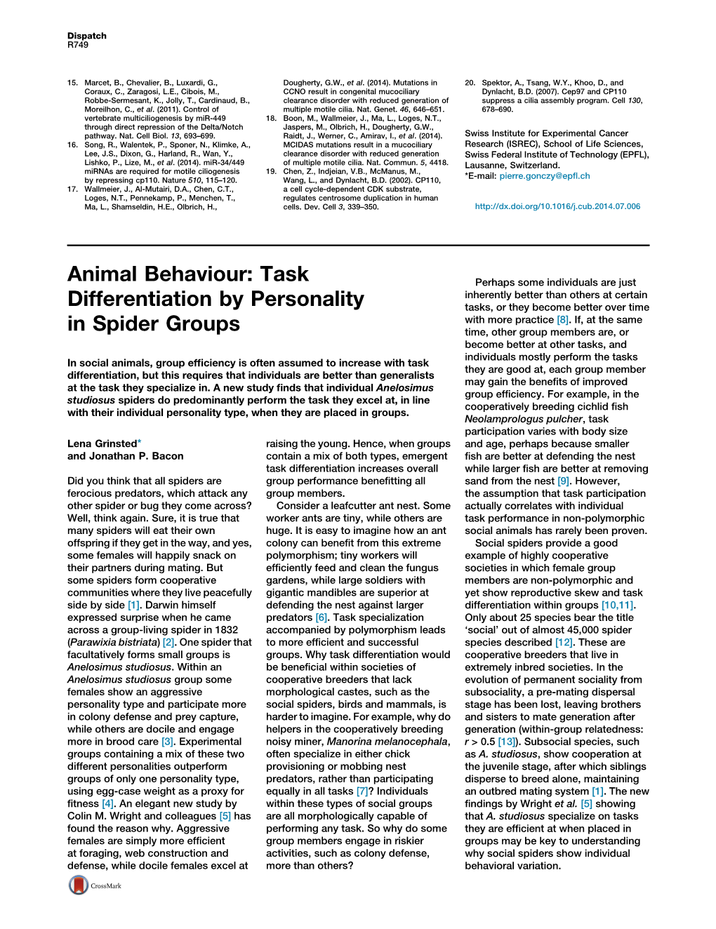 Animal Behaviour: Task Differentiation by Personality In&Nbsp