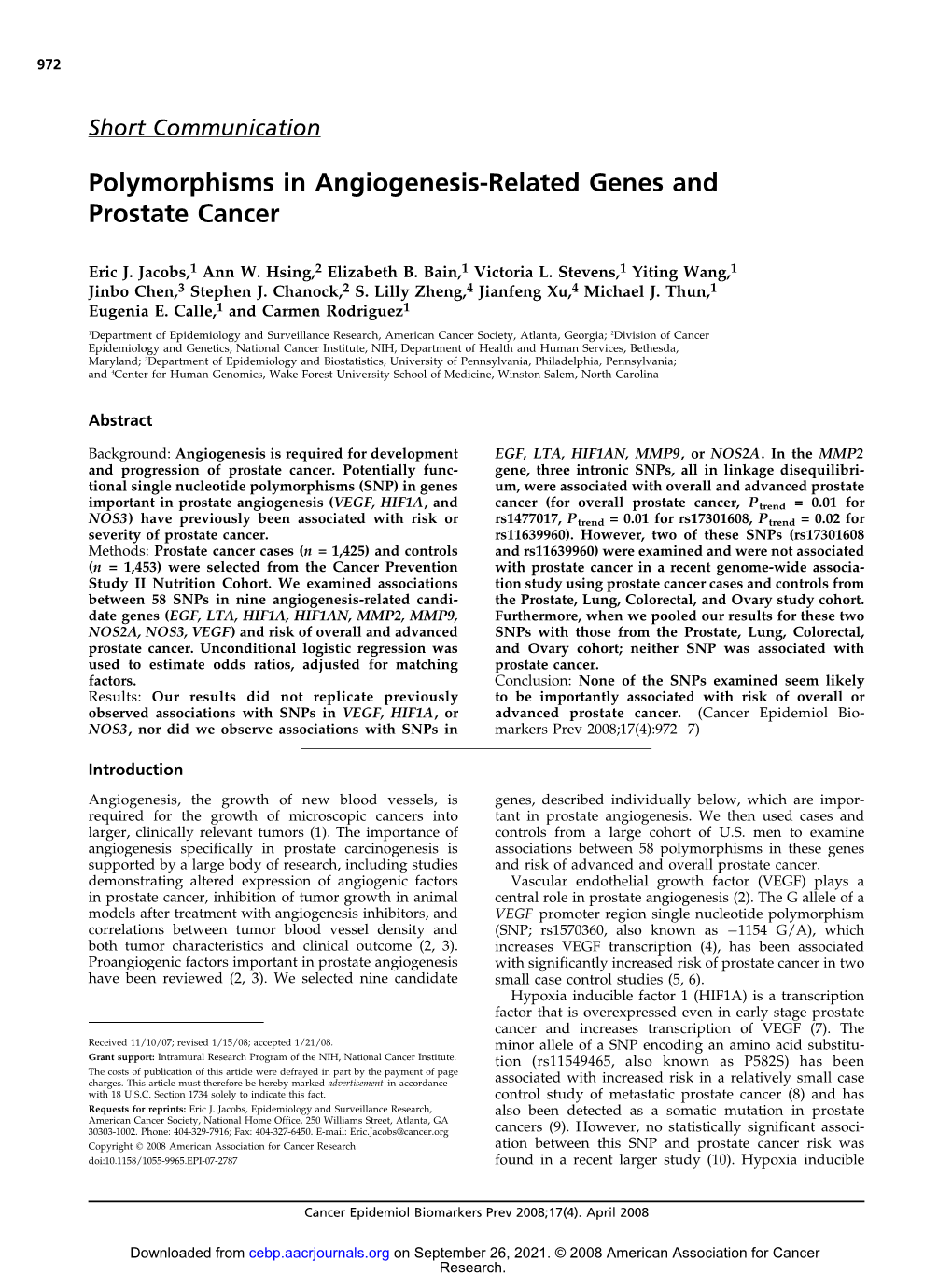 Polymorphisms in Angiogenesis-Related Genes and Prostate Cancer