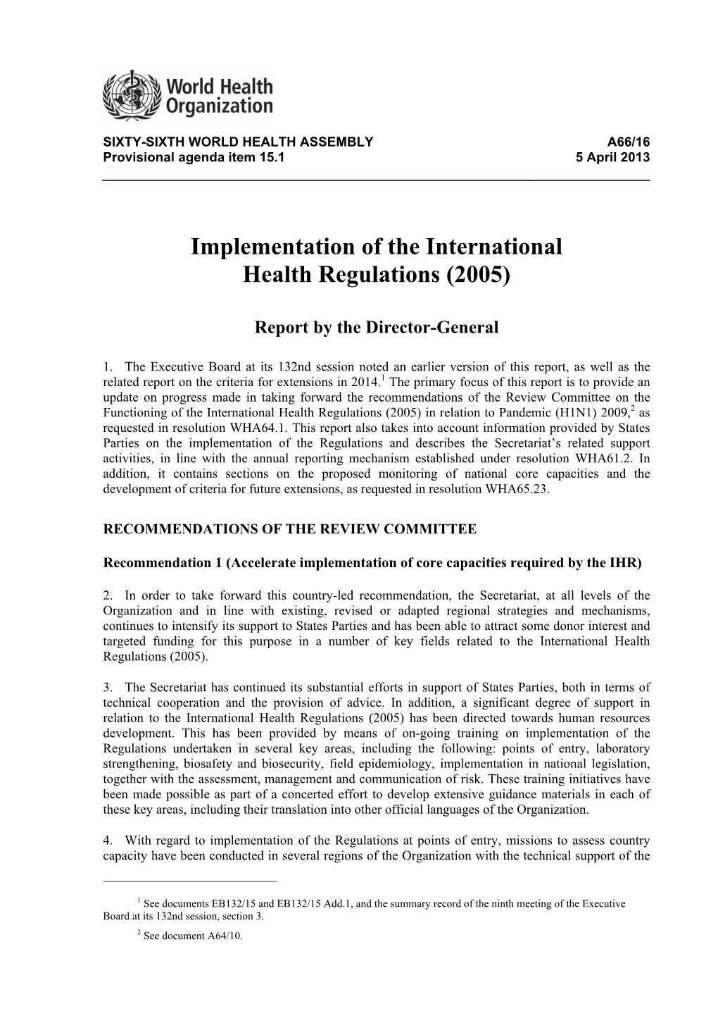 Implementation of the International Health Regulations (2005)