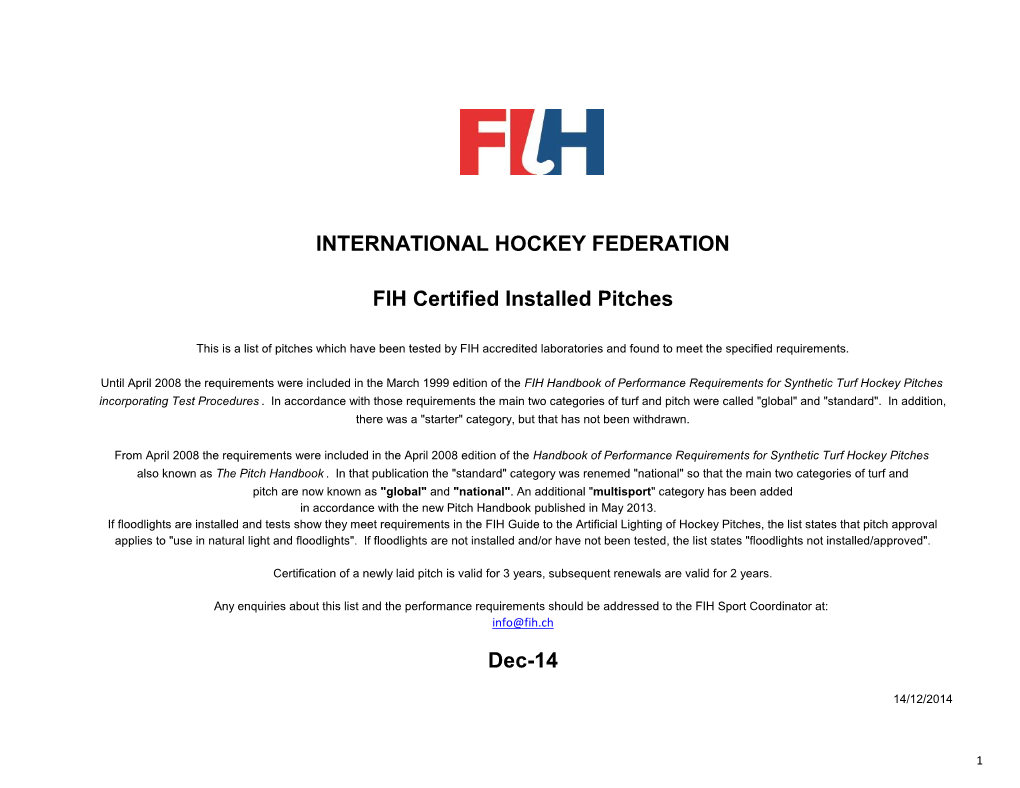 INTERNATIONAL HOCKEY FEDERATION FIH Certified