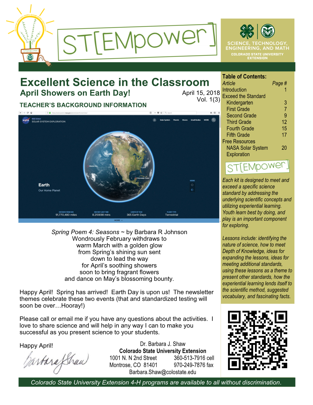 Excellent Science in the Classroom Article Page # Introduction 1 April 15, 2018 April Showers on Earth Day! Exceed the Standard Vol