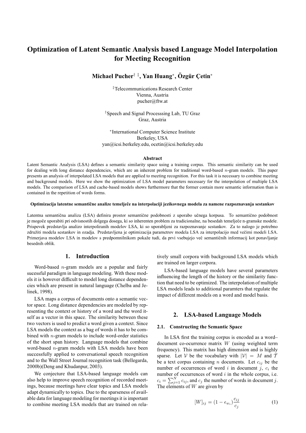 Optimization of Latent Semantic Analysis Based Language Model Interpolation for Meeting Recognition