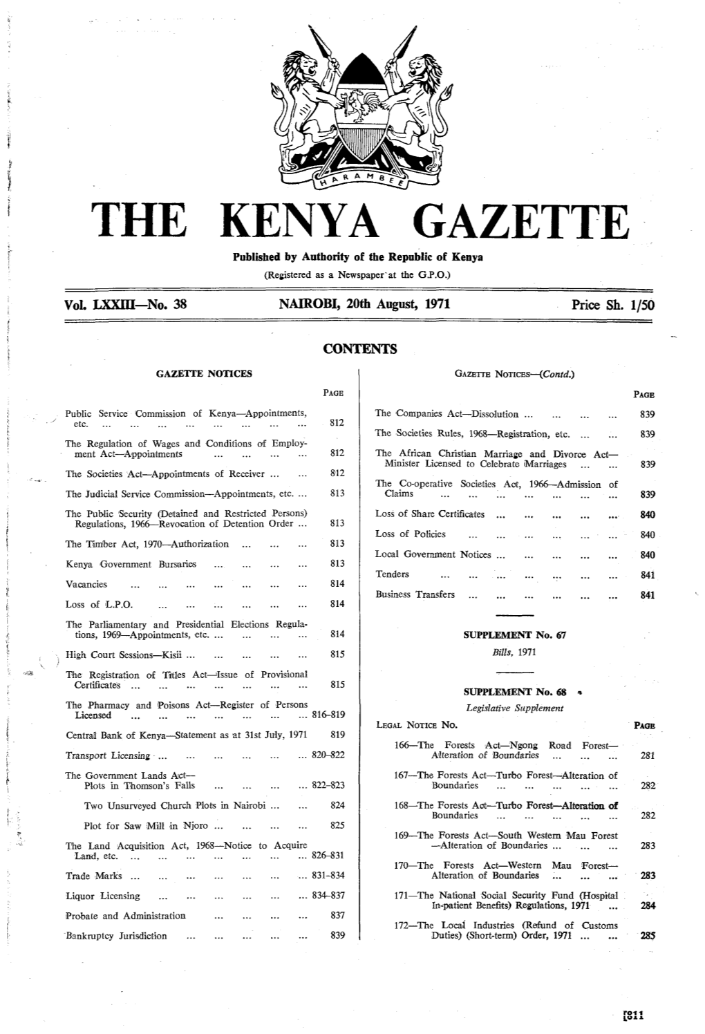 THE KENYA GAZETTE F Published by Authority of the Republic of Kenya (Registered As a Newspaper at the G.P.O.)