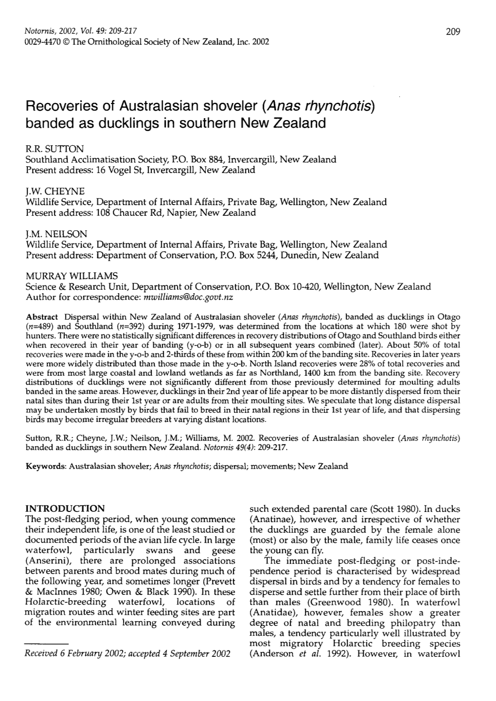 Recoveries of Australasian Shoveler (Anas Rhynchotis) Banded As Ducklings in Southern New Zealand