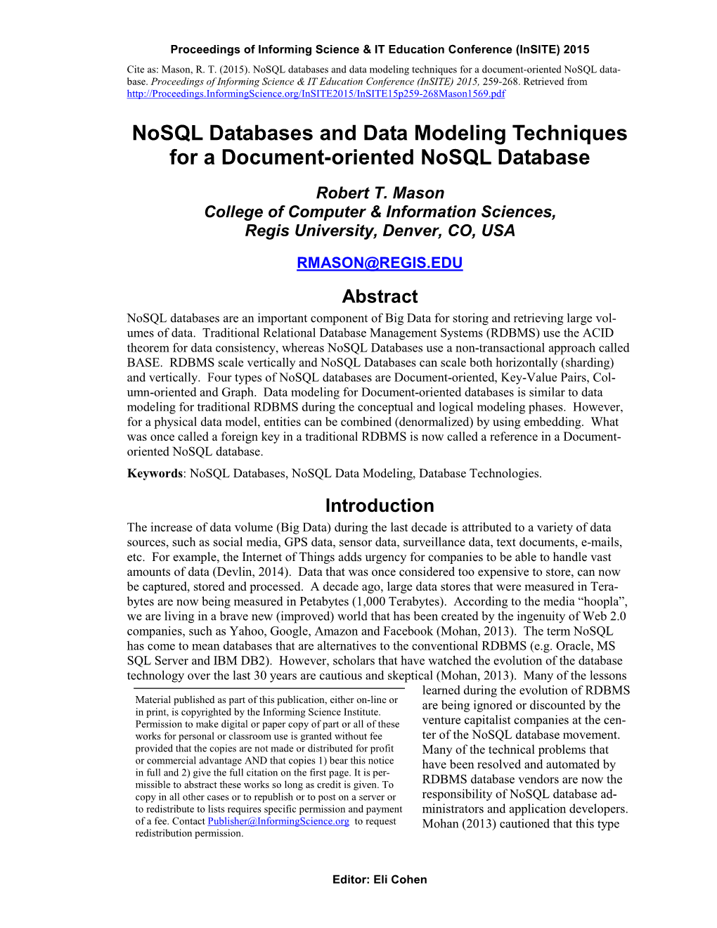 Nosql Databases and Data Modeling Techniques for a Document-Oriented Nosql Data- Base