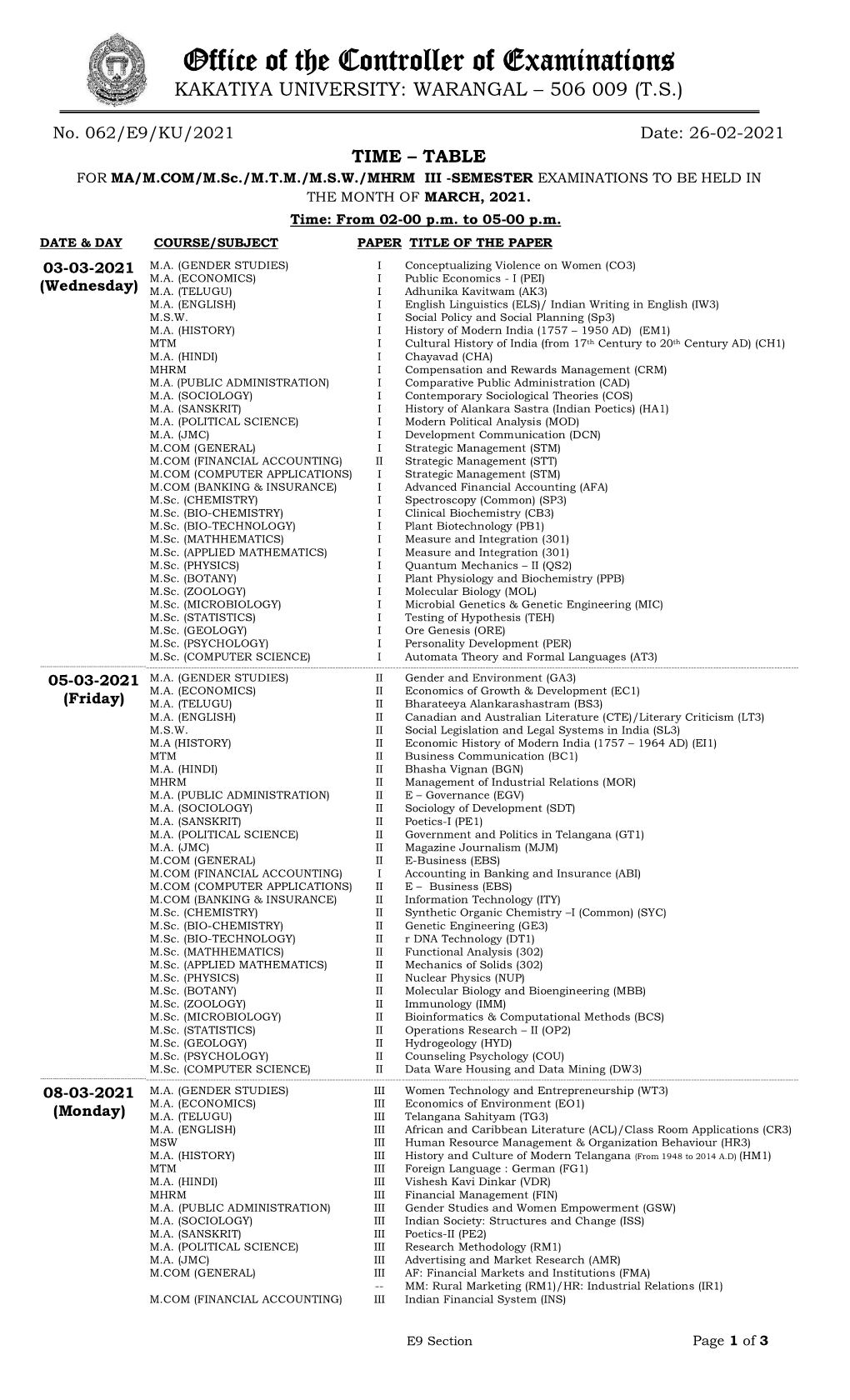 Office of the Controller of Examinations KAKATIYA UNIVERSITY: WARANGAL – 506 009 (T.S.)