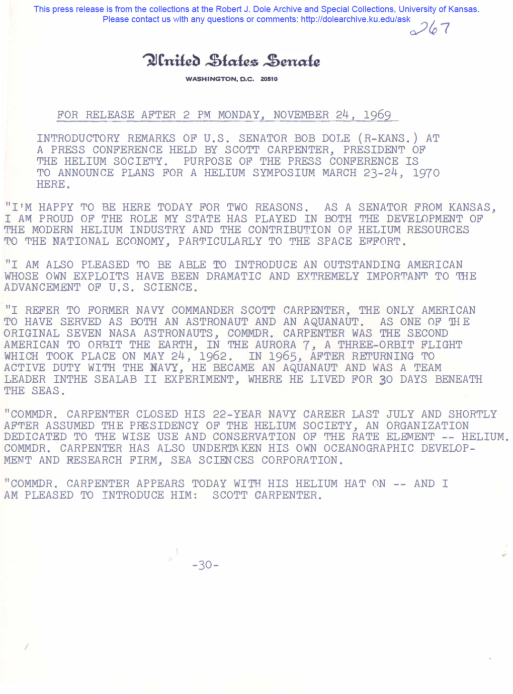 For Release After 2 Pm Monday, November 24, 1969 Introductory Remarks of U.S