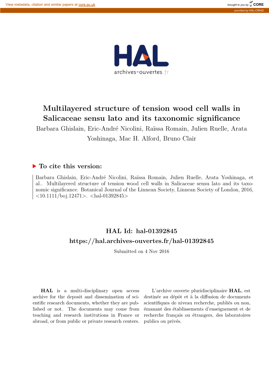 Multilayered Structure of Tension Wood Cell Walls in Salicaceae Sensu Lato and Its Taxonomic Significance