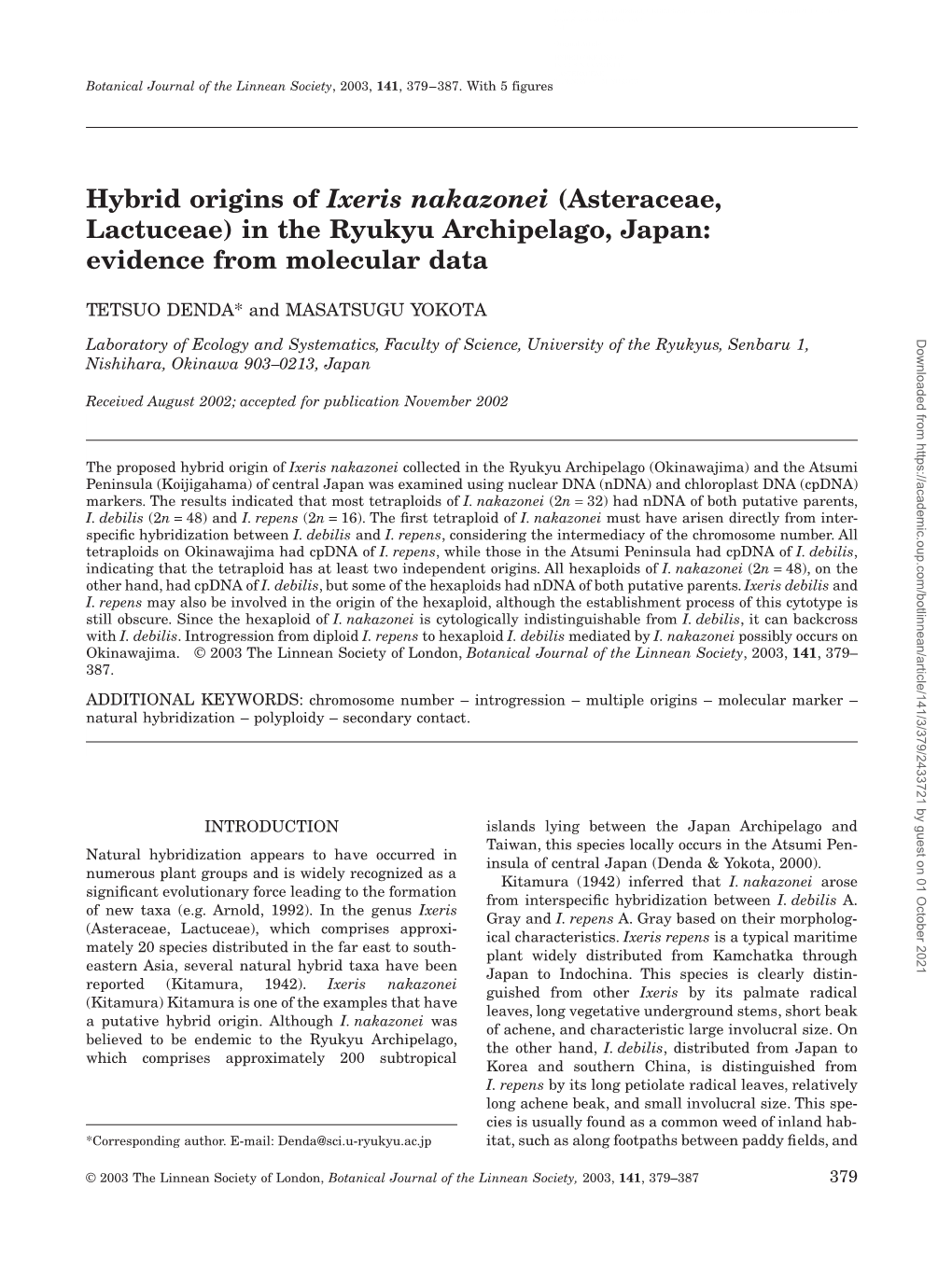 HYBRID ORIGINS of IXERIS NAKAZONEI (ASTERACEAE) Botanical Journal of the Linnean Society, 2003, 141, 379–387