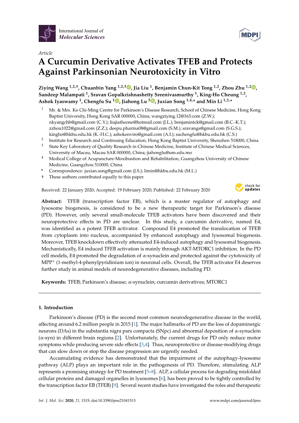 A Curcumin Derivative Activates TFEB and Protects Against Parkinsonian Neurotoxicity in Vitro