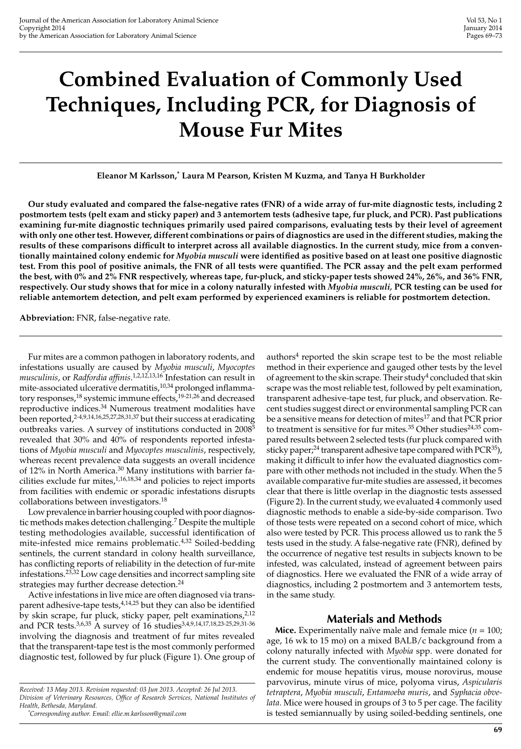 Combined Evaluation of Commonly Used Techniques, Including PCR, for Diagnosis of Mouse Fur Mites