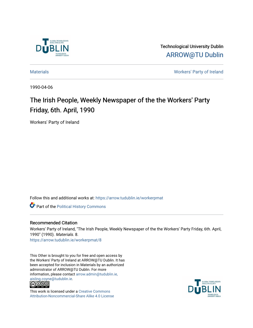The Irish People, Weekly Newspaper of the the Workers' Party Friday, 6Th