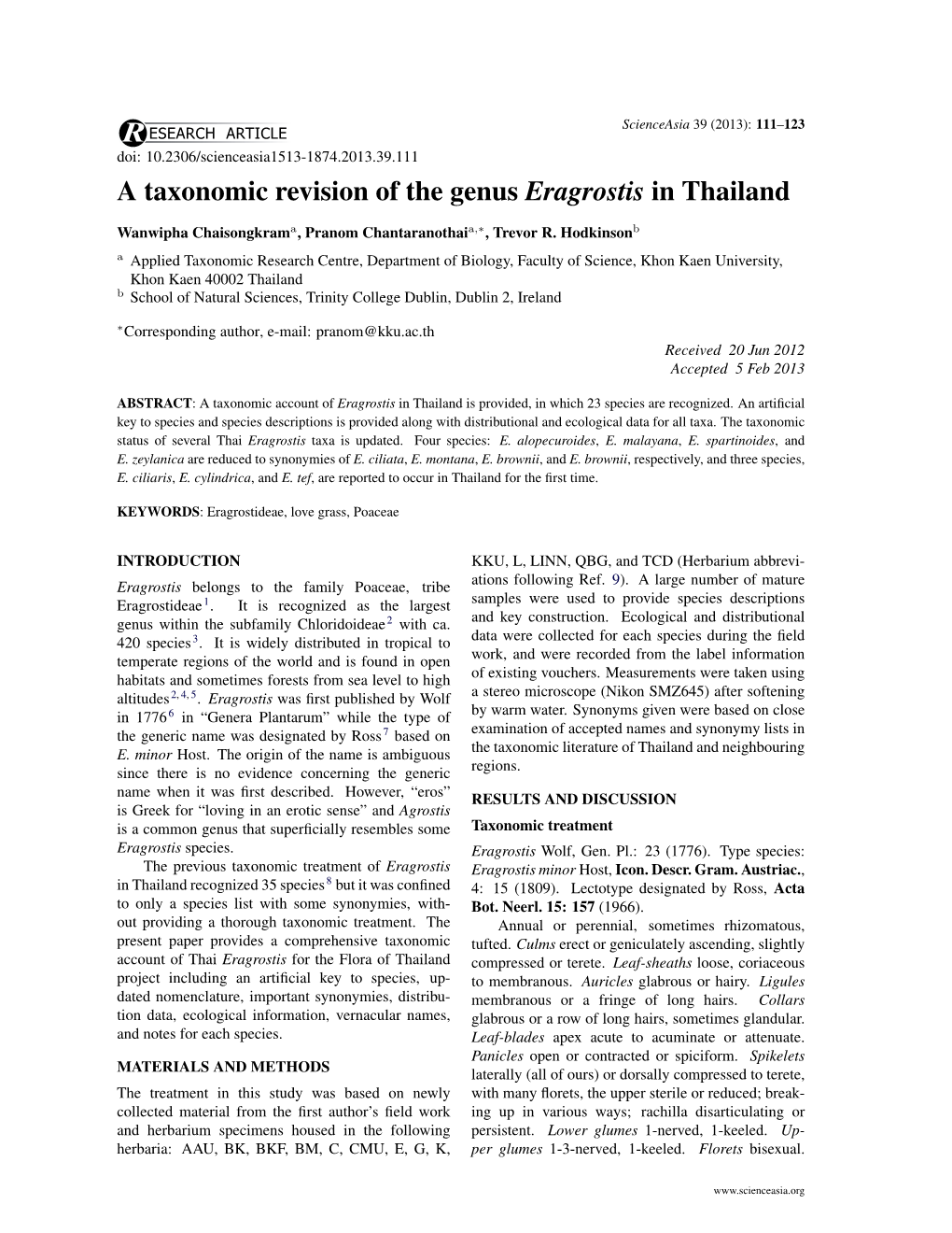 A Taxonomic Revision of the Genus Eragrostis in Thailand