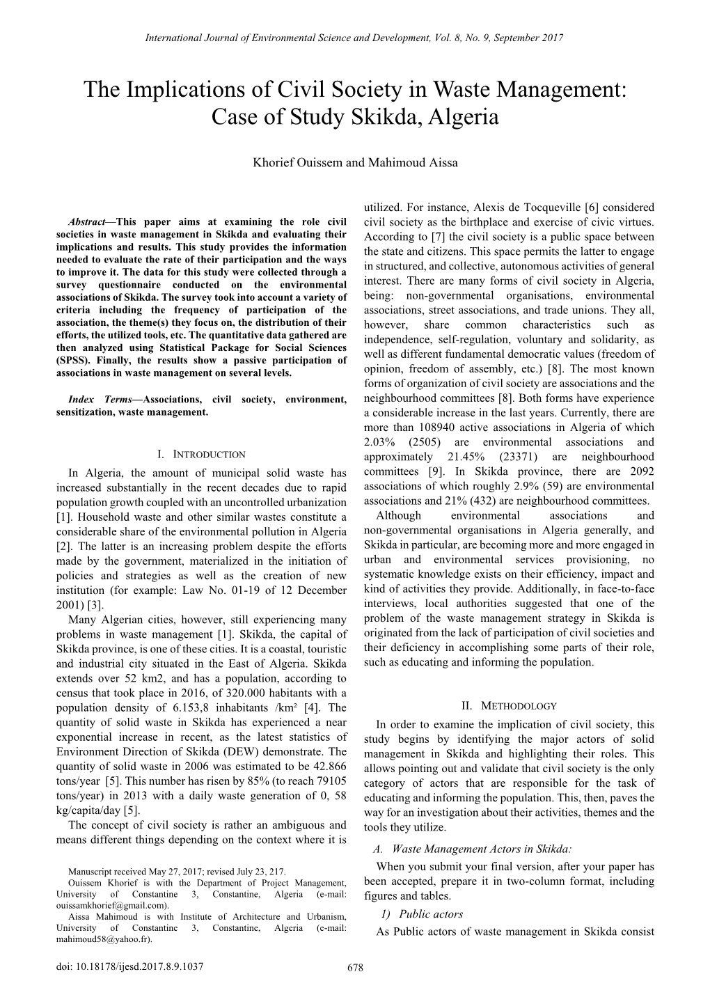 The Implications of Civil Society in Waste Management: Case of Study Skikda, Algeria