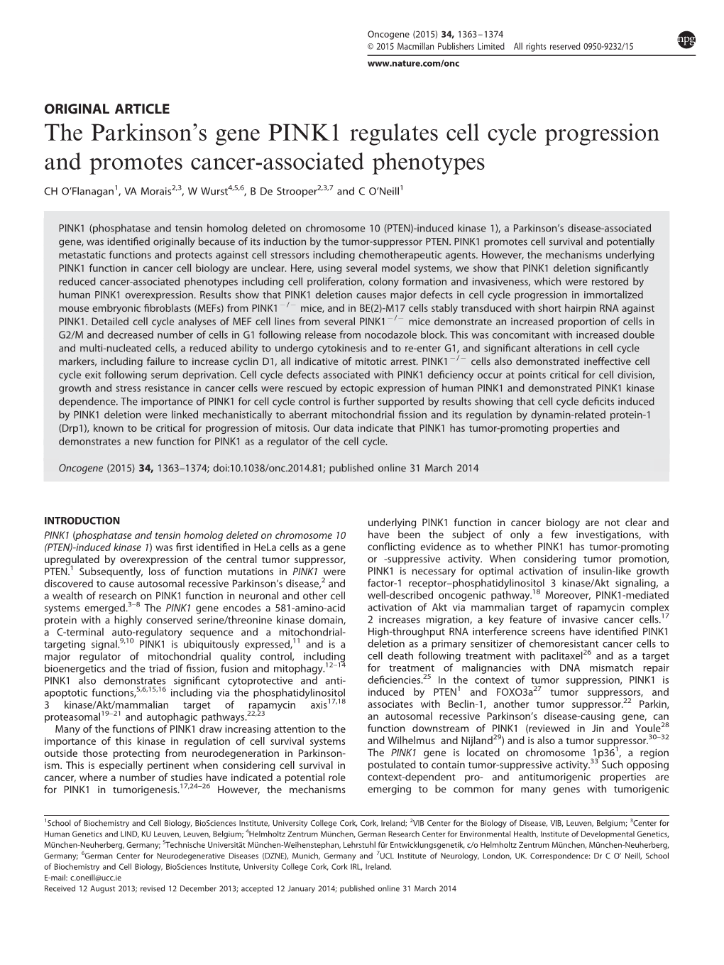 S Gene PINK1 Regulates Cell Cycle Progression and Promotes Cancer-Associated Phenotypes