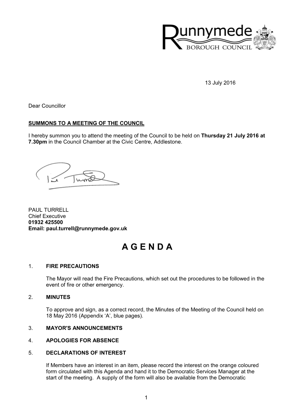Council Meeting Summons 13 July 2016