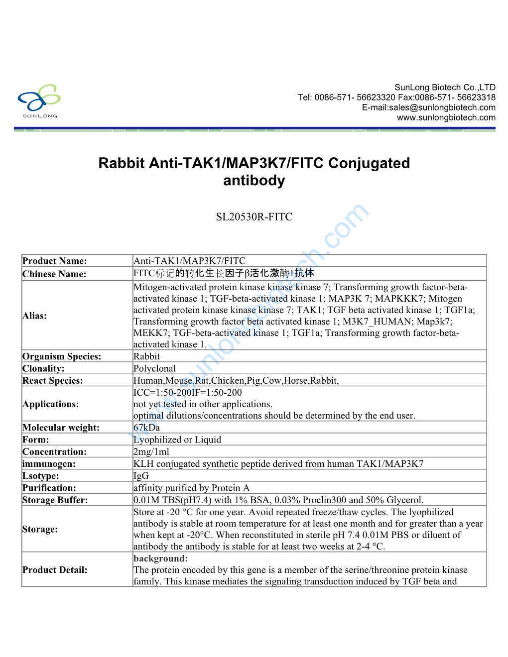 Rabbit Anti-TAK1/MAP3K7/FITC Conjugated Antibody-SL20530R