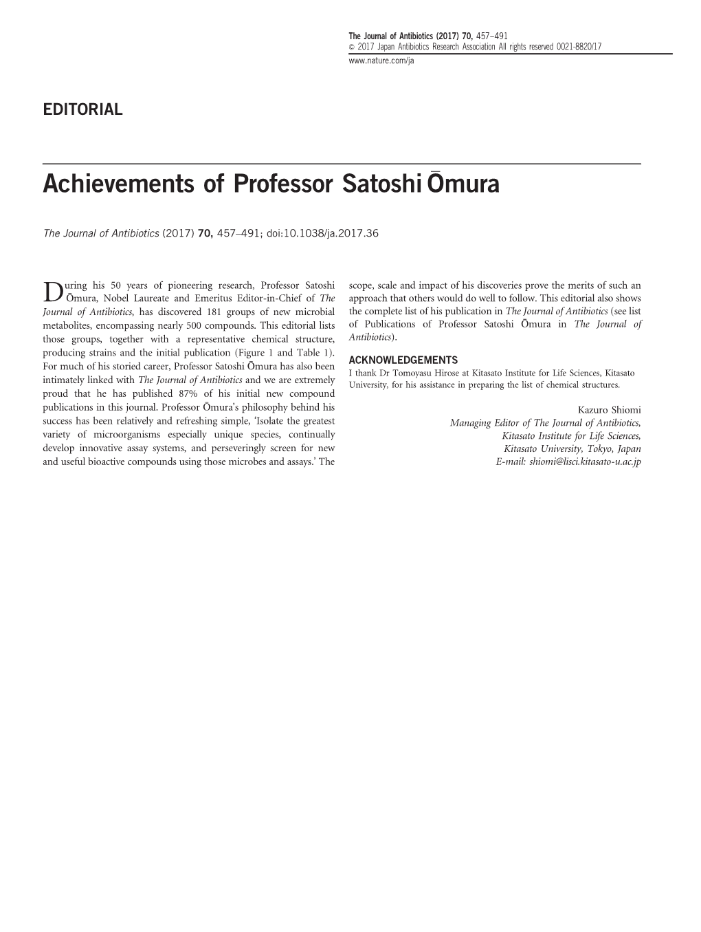 Achievements of Professor Satoshi ŌMura